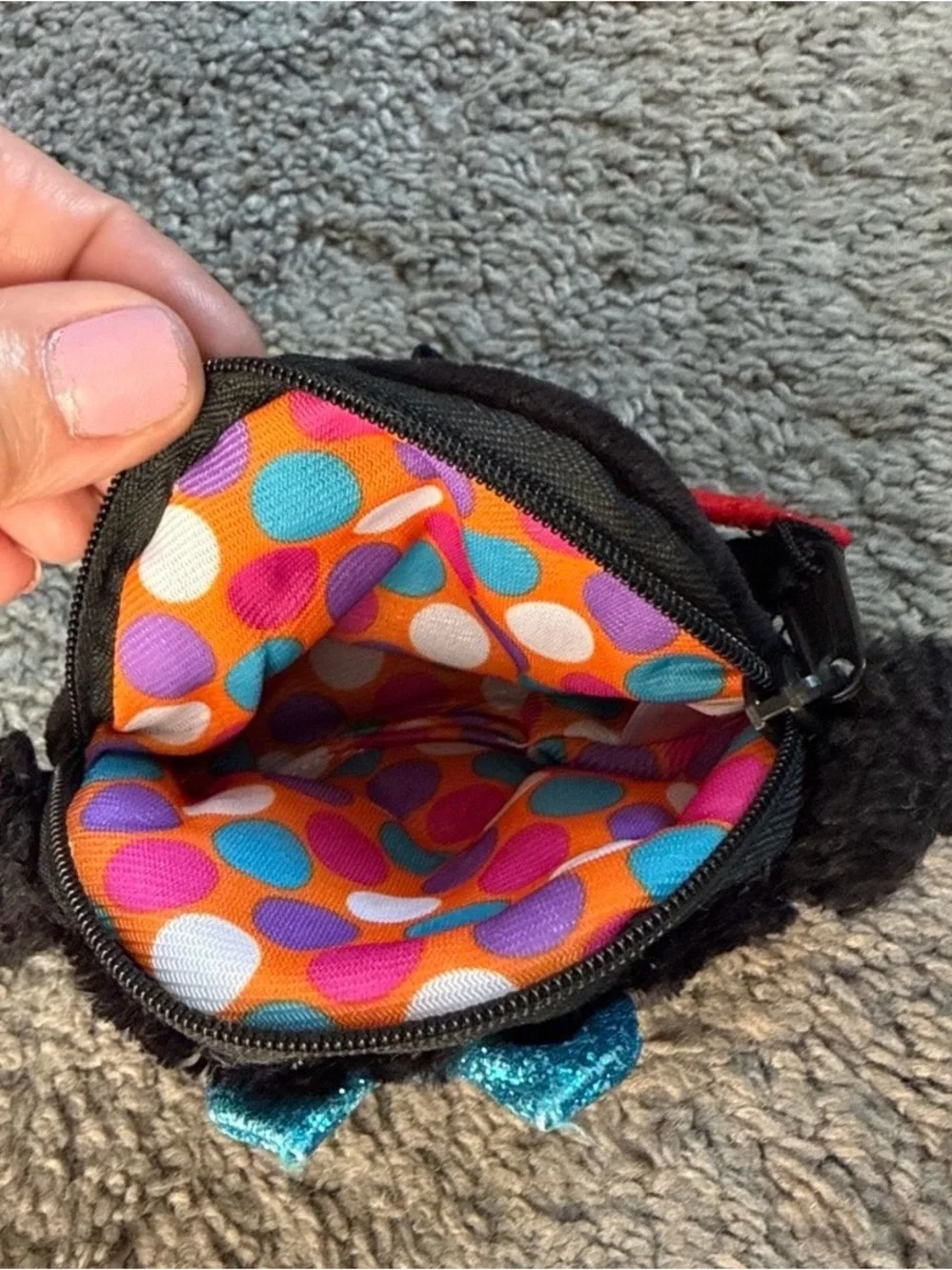 ✅Ty Black & White Plush Dog Wristlet Purse with Teal Glitter Bow and Eye Accents